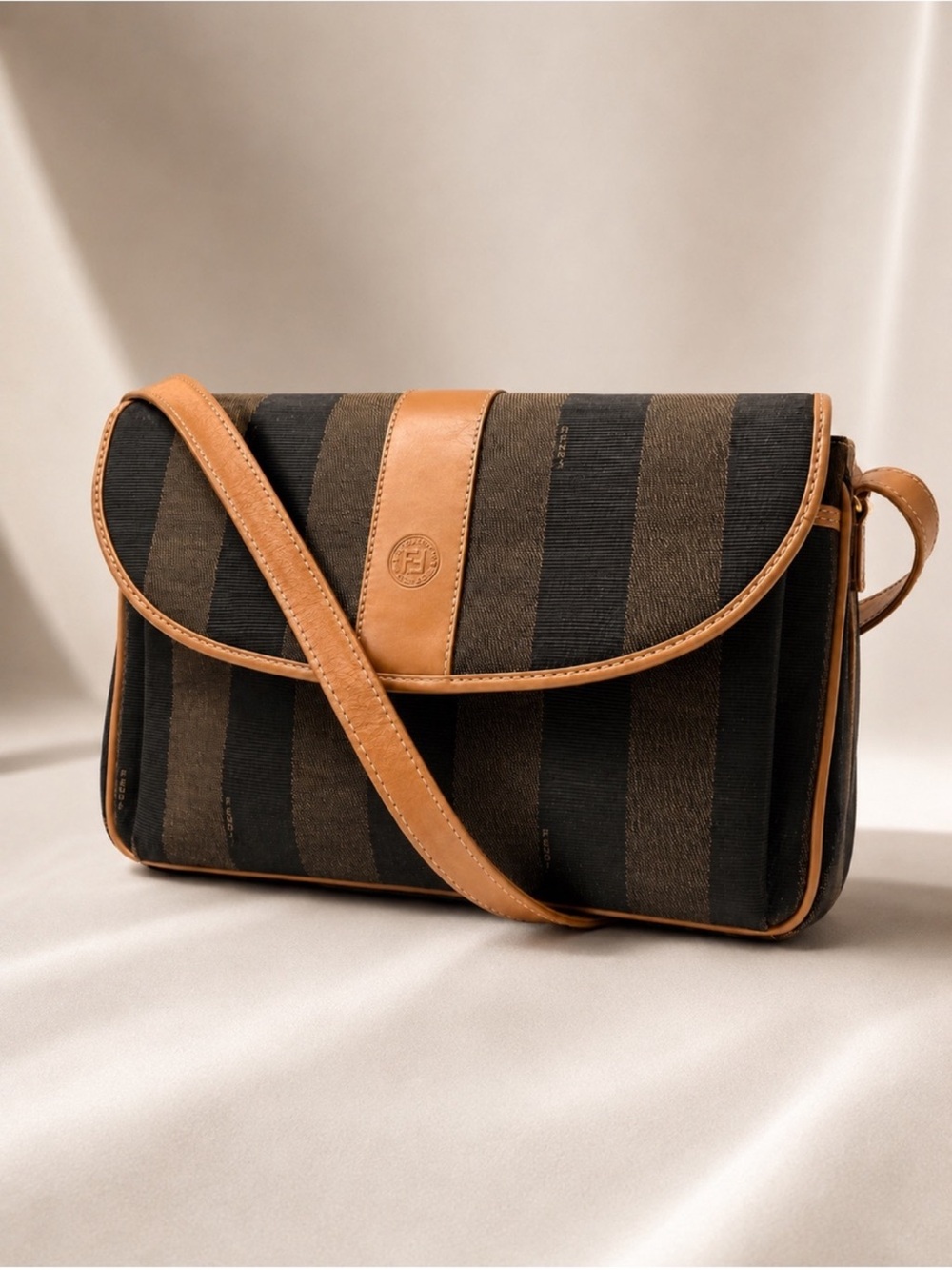 Fendi Pequin Stripe Crossbody Brown Tobacco Canvas Leather Shoulder Bag